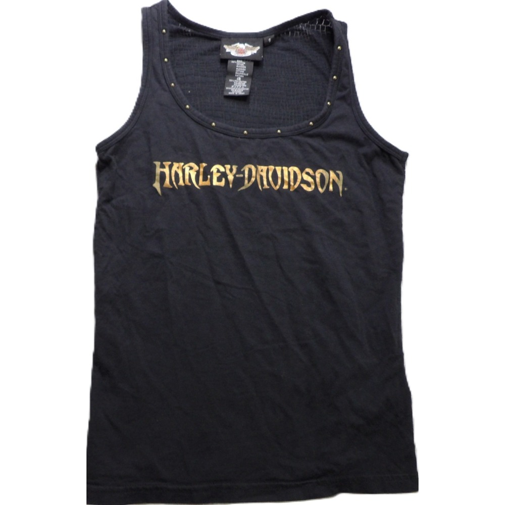 Harley Davidson Tank Top Studded Gold Font Stretch Scoop Neck Women S Black Logo